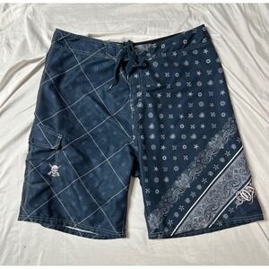 O'Neill Vintage Mens Board Shorts Navy Blue Paisley Skull Cargo Y2K Swim 38